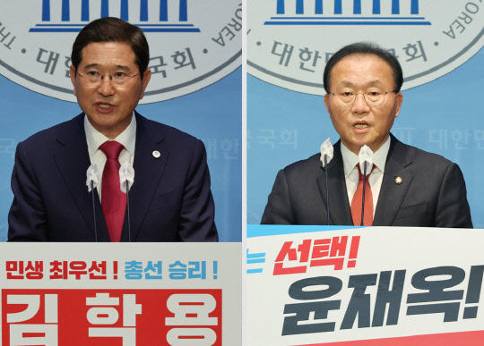 4일 국회 소통관에서 각각 국민의힘 원내대표 출마 기자회견을 가진 김학용(왼쪽) 의원과 윤재옥 의원.<연합뉴스 사진 갈무리>